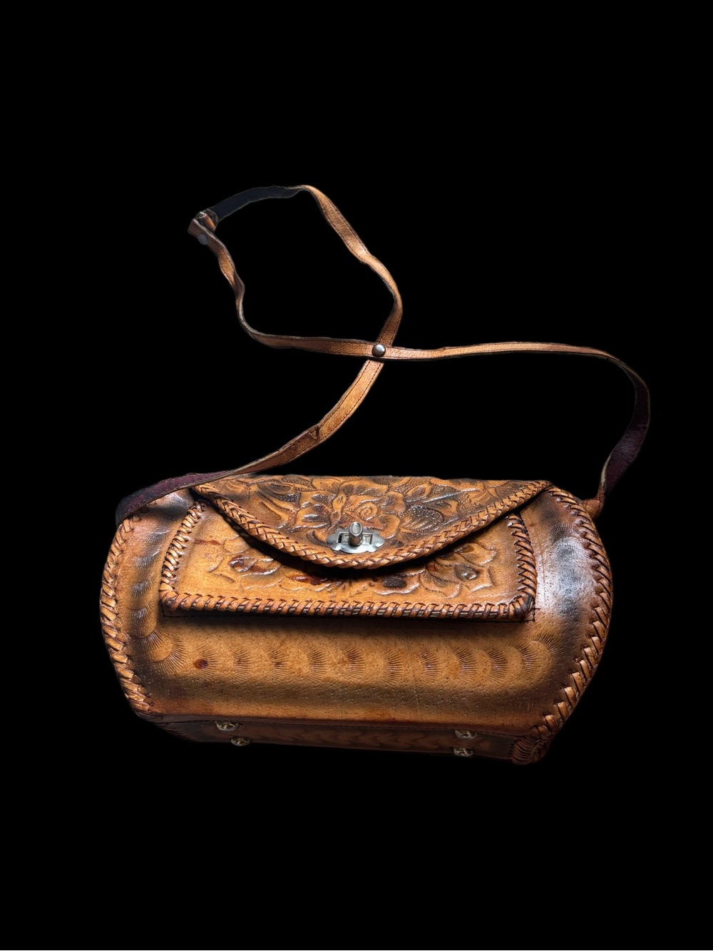 Vintage Mexican Hand Tooled Leather Purse Handbag Roses 11” x 7”
